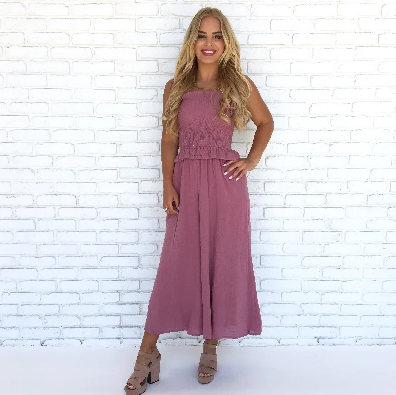 Women's Elegant Garments Vintage Linen Flare Jumpsuit in Dusty Rose