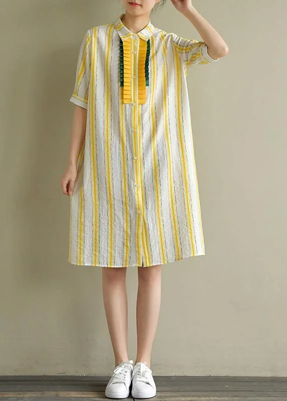 Women's Weekend Outfit Handmade yellow striped linen Robes lapel Button Down Plus Size summer Dress