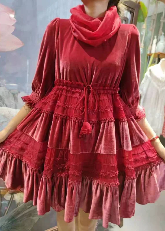 Women's Travel Outfit Set Fitted Red ?Cinched Patchwork Velour Party Dress Spring