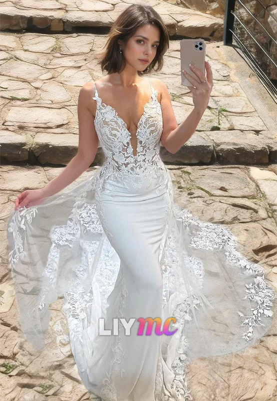 Modern Women's Outfit V-Neck Sleeveless Appliques Mermaid Wedding Dress