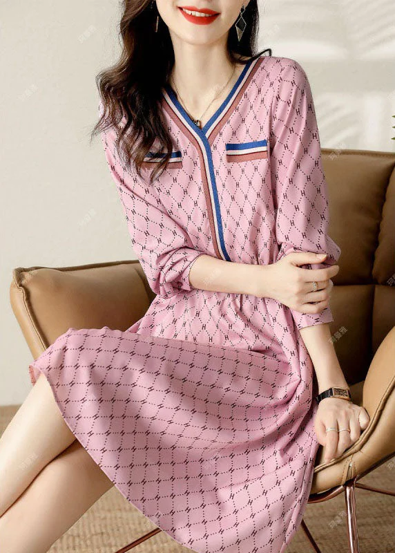 Women's Chic Outerwear Outfit Plus Size Fine Pink Print Patchwork Spring Dresses