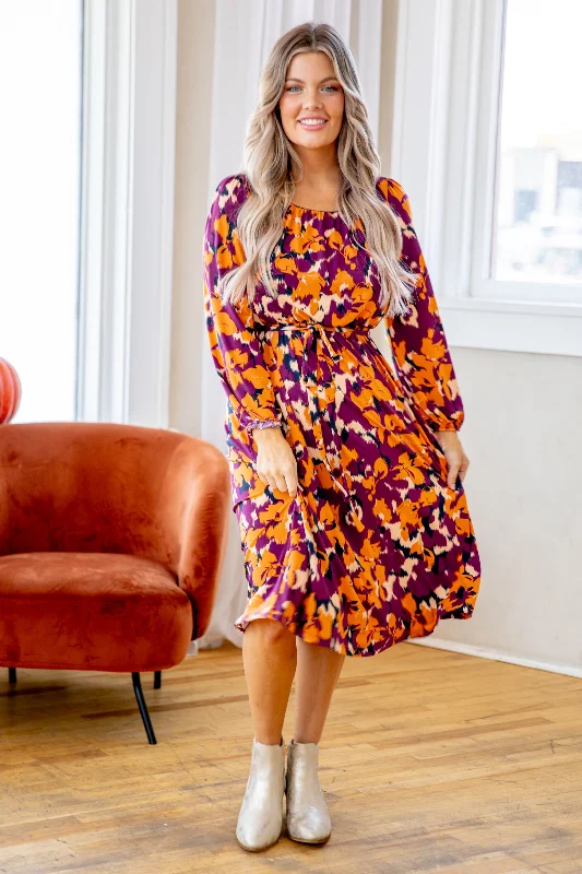 Women's Seasonal Garments Berry and Orange Floral Print Midi Dress