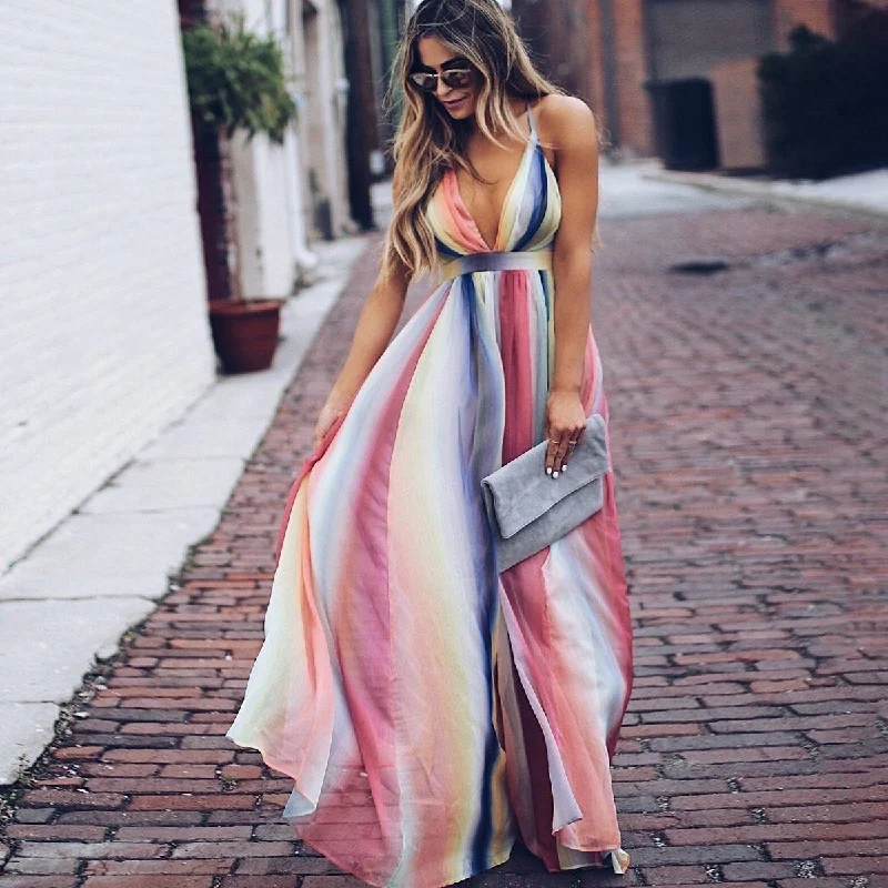 Women's Evening Clothes Halter Maxi Bohemian Rainbow Summer Dress, Boho Dress for Women