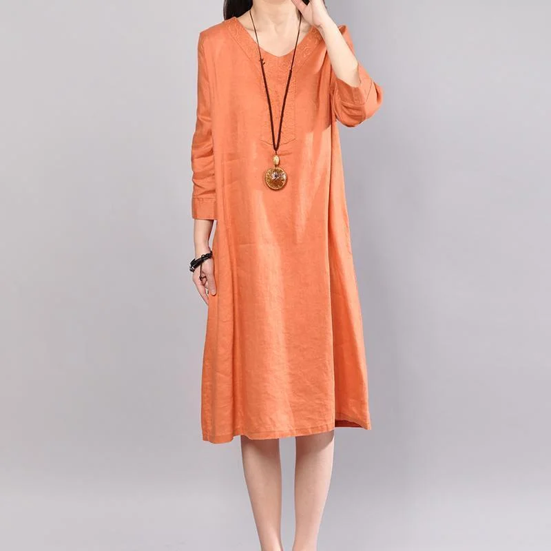 Classic Women's Clothing Styles women orange linen dresses plus size clothing traveling clothing 2018 bracelet sleeved o neck cotton clothing