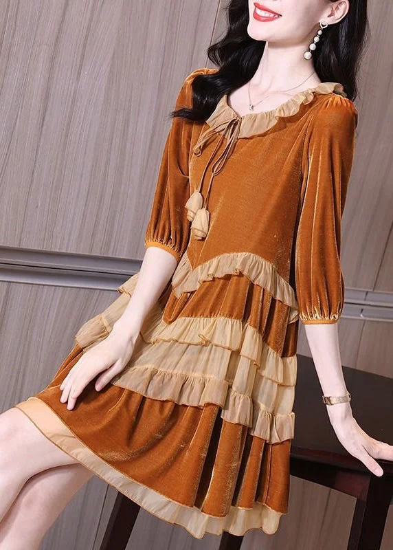 Women's Wardrobe Apparel New Orange Lace Up Ruffled Velour Mid Dresses Spring