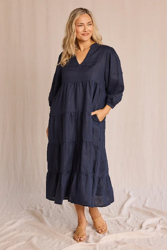 High-Fashion Women's Clothing Sabre Linen V-Neck Dress in Navy