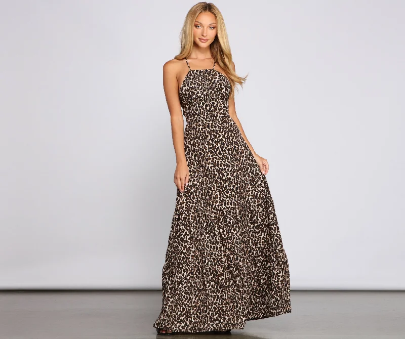 Women's Chic Outerwear Garments Fiercely Stylish Lace-Up Charming Leopard Maxi Dress