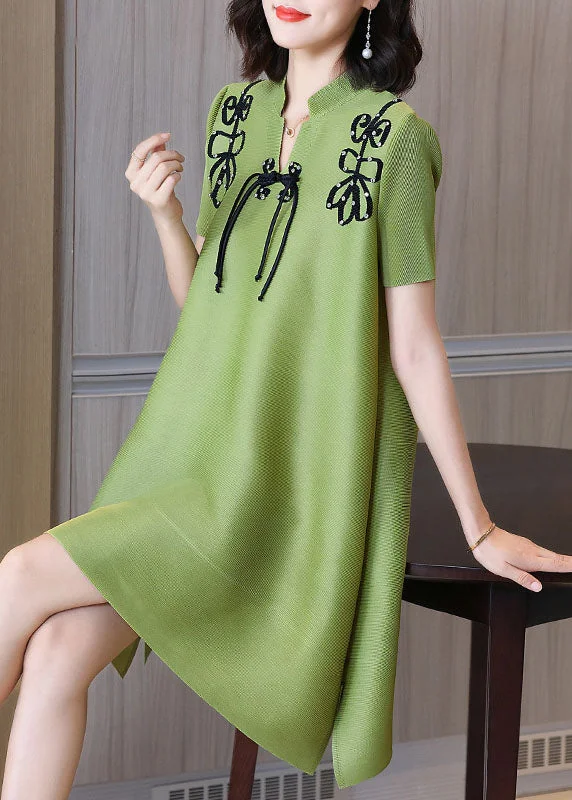 Special Offers French Green Stand Collar Applique Wrinkled Silk Holiday Dress Short Sleeve Special Offers French Green Stand Collar Applique Wrinkled Silk Holiday Dress Short Sleeve
