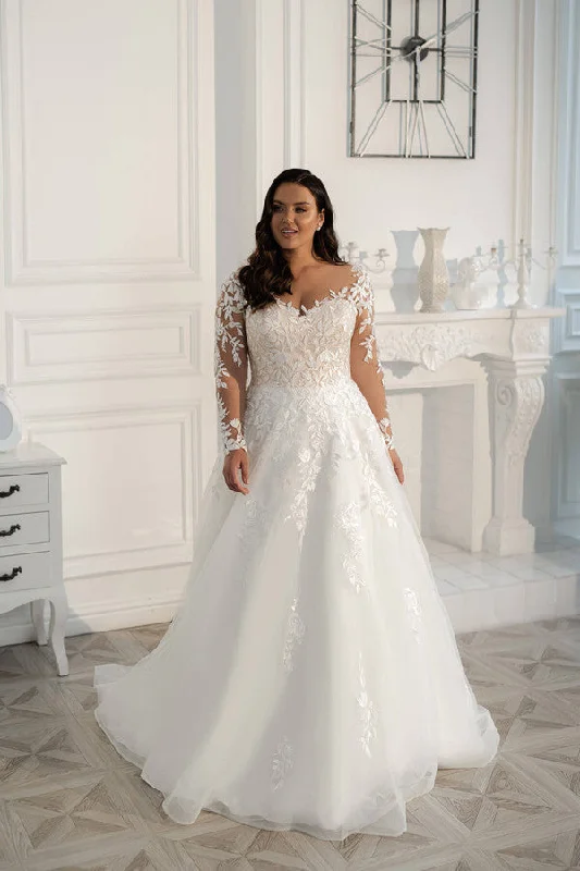 Stylish Women's Apparel Plus Size Wedding Dress Elegant Long Sleeves Lace Bride Dress Tulle Applique Sweep Train A-Line robe de mariée