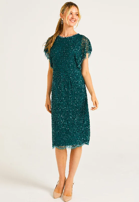 Women's Travel Attire Embellished Midi Dress with Flutter Sleeve in Emerald Green