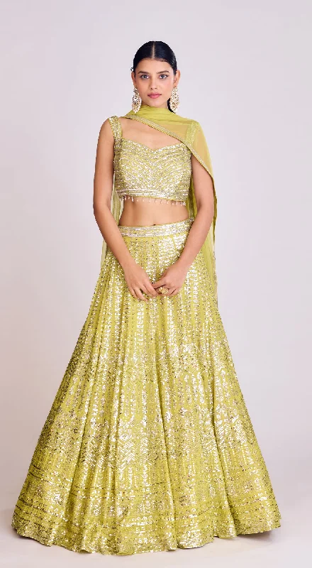 Plus-Size Women's Clothing Lime Sequins Embroidered Lehenga