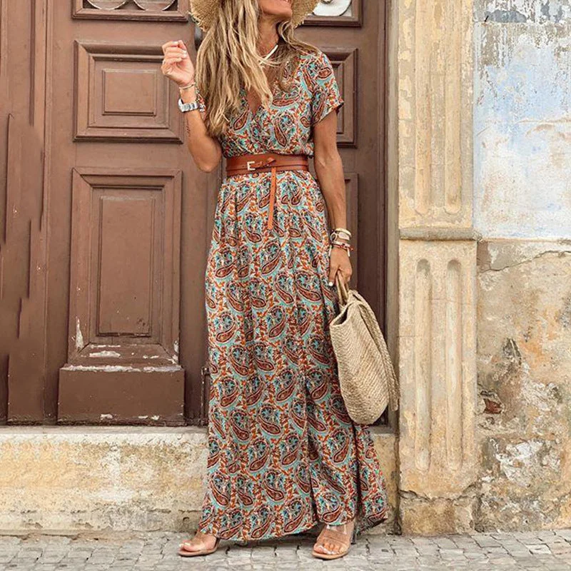 Women's Athletic Clothes Boho Dress With Belt, Bohemian Maxi Summer Dress For Women