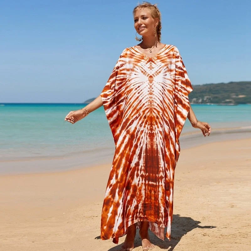 Women's Comfortable Lounge Attire Orange Tie Dye Beach Dress