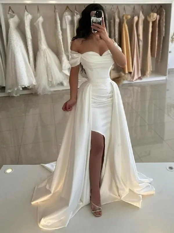 Stylish Women's Clothing Satin Mermaid Wedding Dresses Off The Shoulder Bride Dress Side Split Vestido de novia With Train Wedding Gowns