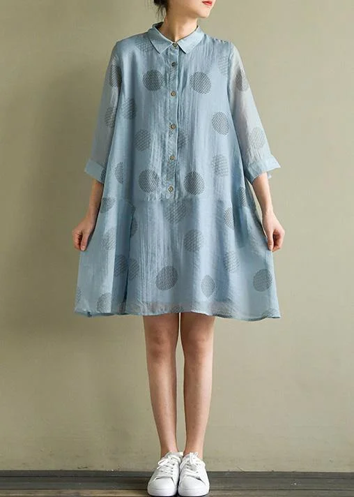 Women's Travel Apparel Chic blue dotted linen dress lapel half sleeve loose summer Dresses