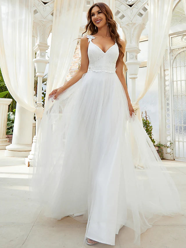 Comfortable Loungewear for Women Beach Open Back Casual Wedding Dresses Floor Length A-Line Sleeveless V Wire V Neck Tulle With Crystals Appliques