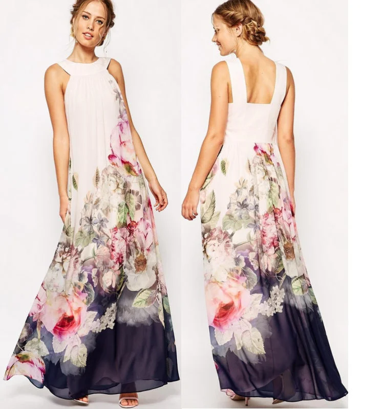 Stylish Clothes For Women Long Floral Chiffon Dress, Bohemian Romantic Summer Dress for Women