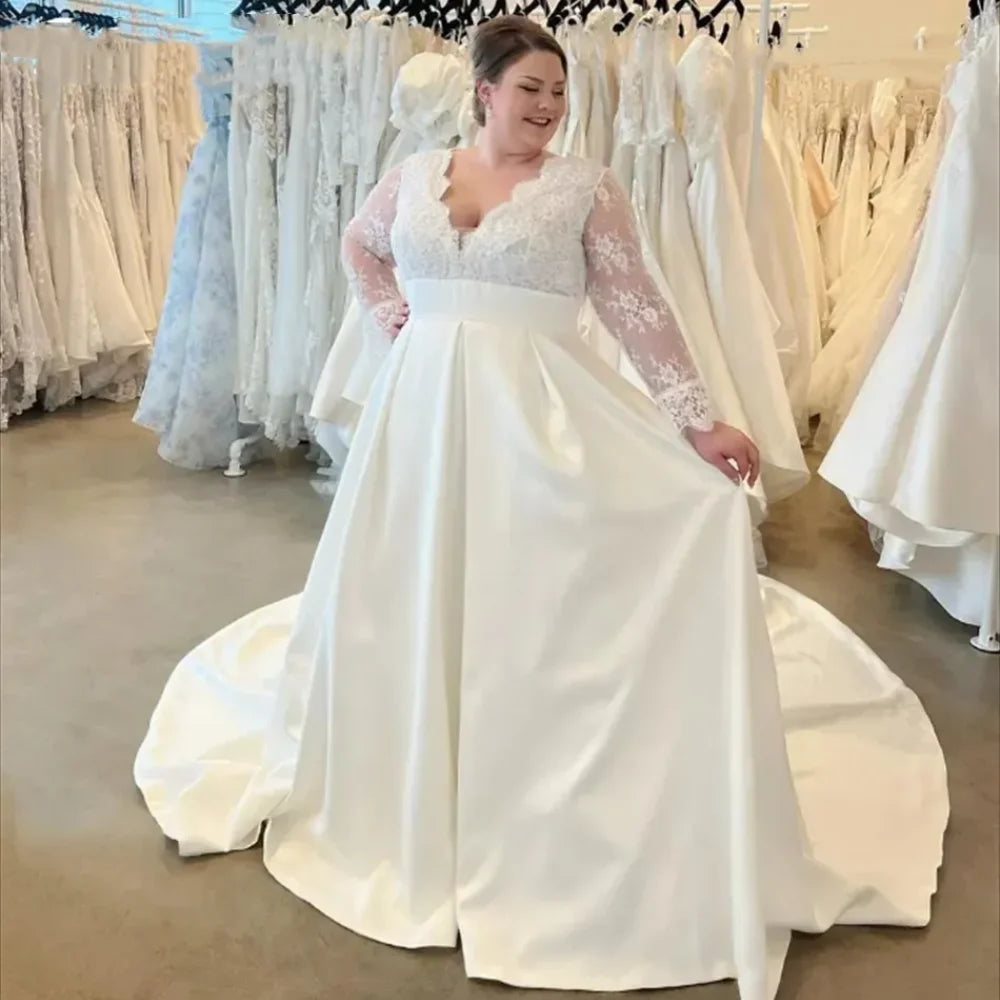 Women's Clothes For Special Occasions Plus Size Wedding Dresses with Long Sleeves Appliques Lace Sheer Back Satin A Line Garden Outdoor Beach Bridal Gowns