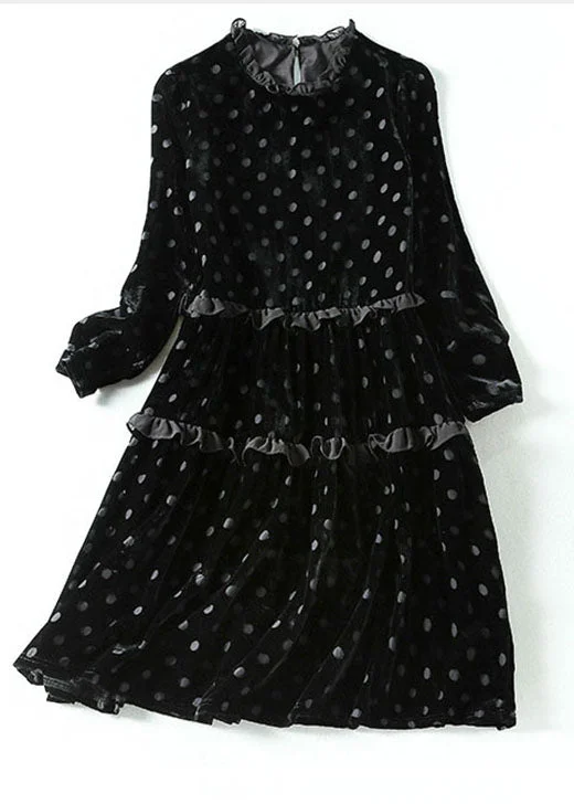 Women's Holiday Outfit Elegant Black Dot Print Patchwork Velour Dress Spring