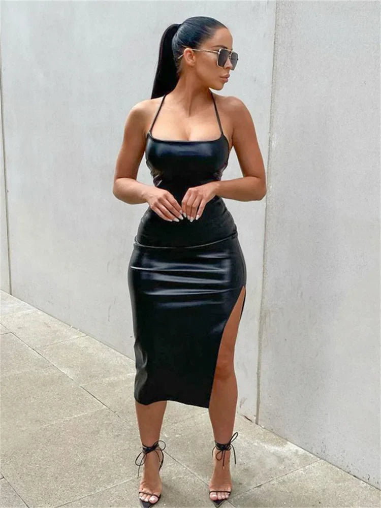 Women's Fashionable Clothing Sets Hirigin PU Leather Black Party Halter Backless Bandage Club Slit Midi Dress