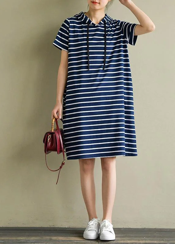 Formal Garments For Women Elegant hooded drawstring Cotton quilting dresses Wardrobes navy striped Dresses summer