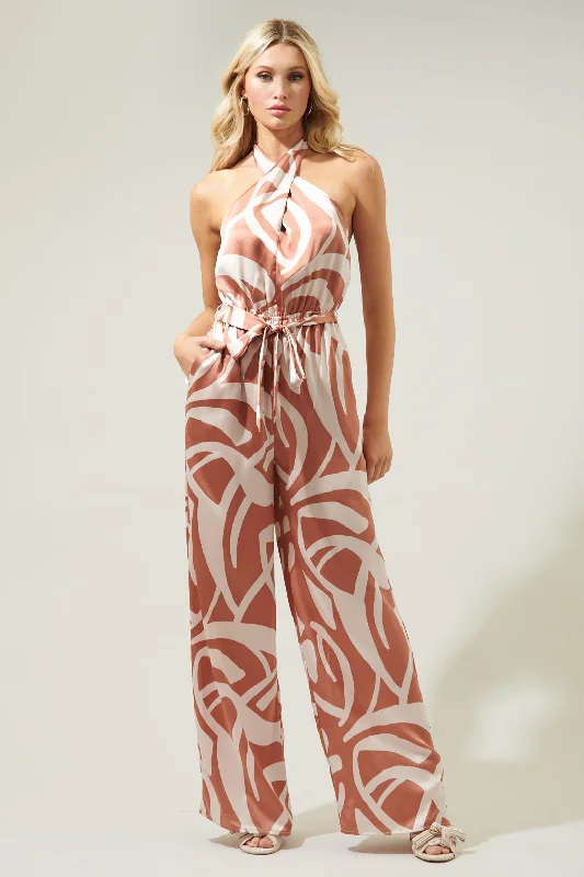 Women's Holiday Outfit Peachy Keen Abstract Villanueva Satin Halter Jumpsuit