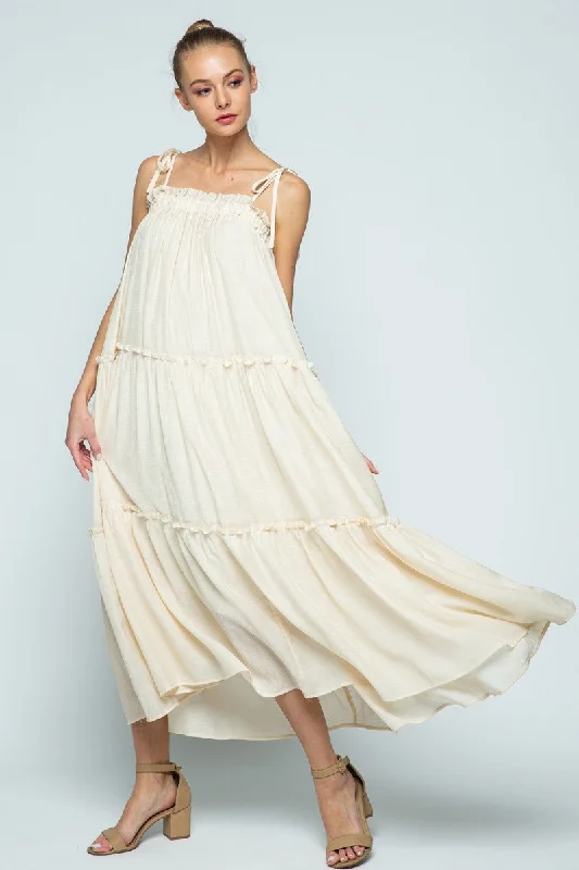 Women's Clothing for All Occasions EGGSHELL SELF-TIE SPAGHETTI STRAP RUFFLED SWING MAXI DRESS MDR8421
