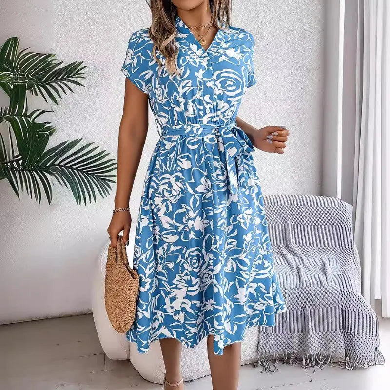 Women's Professional Attire Fashion Elegant Floral Print Button Bat Sleeve A-line Midi Dress