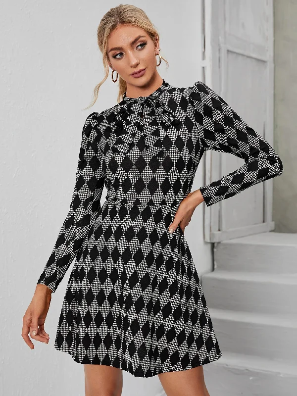 Women's Occasion Wear Clothing KittenAlarm - Houndstooth Print Puff Sleeve Flare Dress