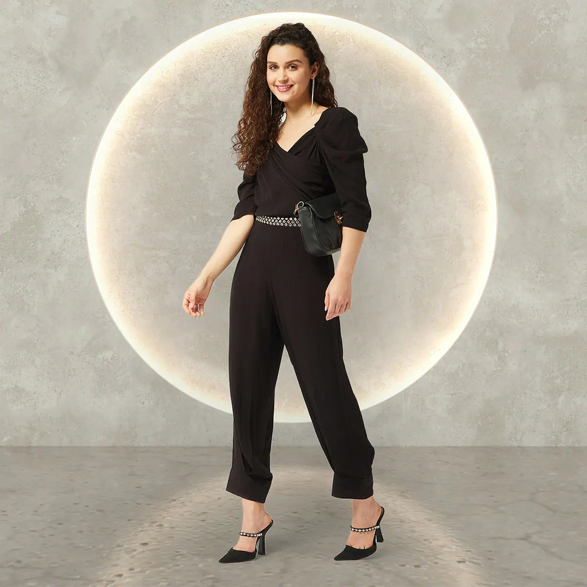 Women's Loungewear Clothes Black Solid Ruffle Sleeves Stylish Jumpsuit