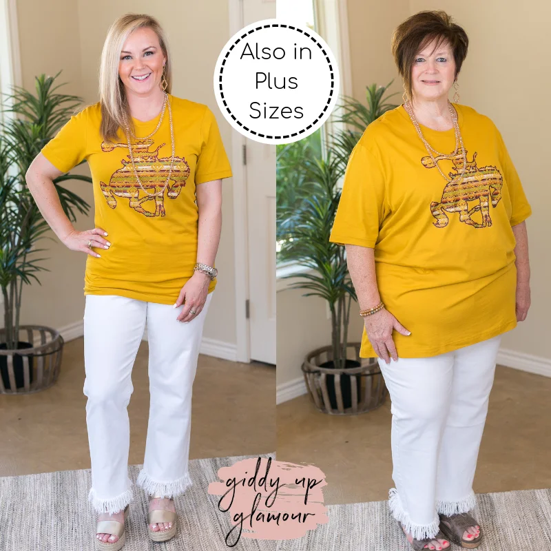 Chic & Cozy Collection Ain't My First Rodeo Aztec Print Saddle Bronc Short Sleeve Tee Shirt in Mustard Yellow Chic & Cozy Collection Ain't My First Rodeo Aztec Print Saddle Bronc Short Sleeve Tee Shirt in Mustard Yellow