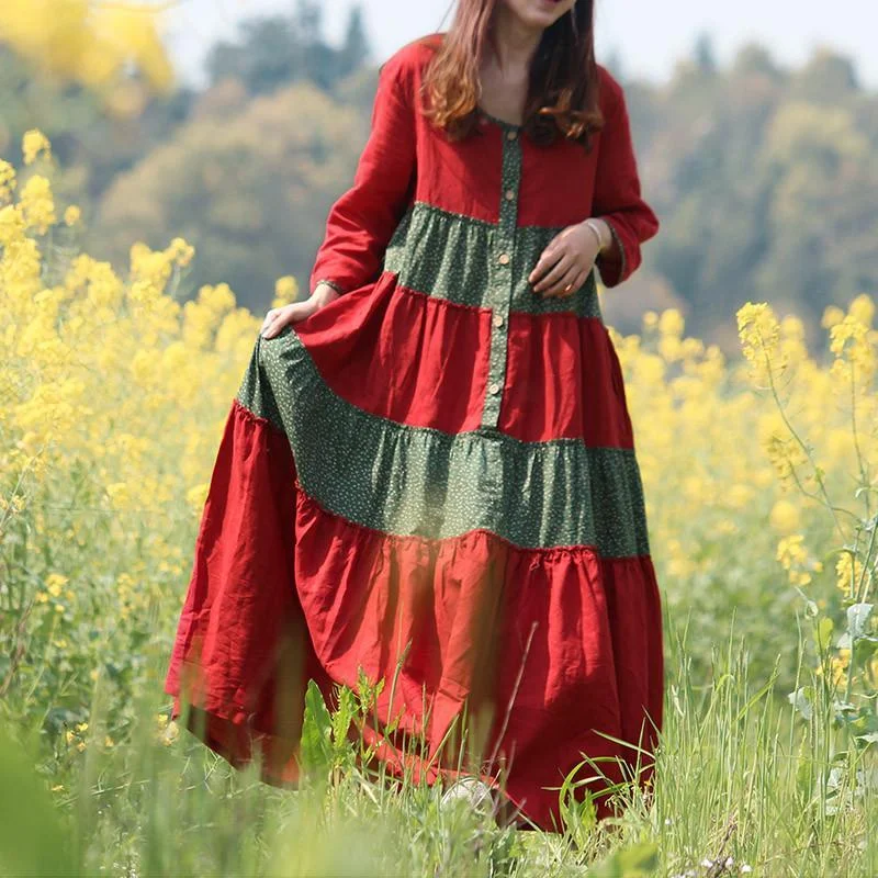 Women's Clothes For Outdoor Events Red and Green Franfreluche Bohemian Hippie Dress