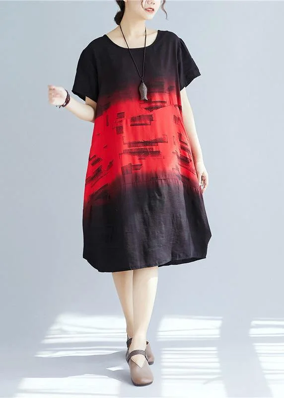 Women's Work Apparel Italian red print Cotton dresses o neck patchwork A Line summer Dresses