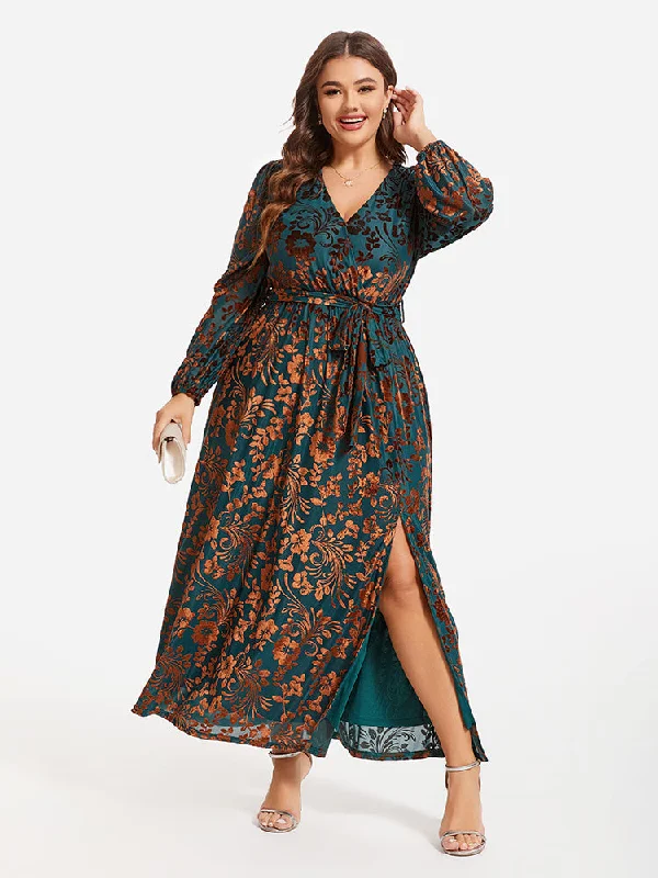 Women's Evening Apparel Floral Print Belted Split Wrap Velvet Burnout Maxi Dress