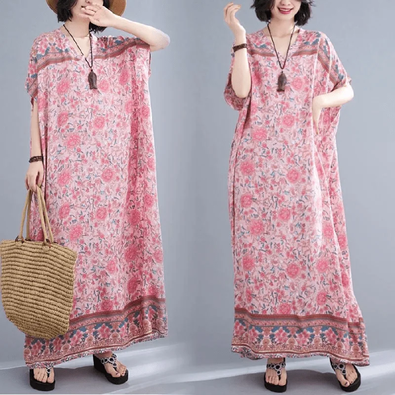 Women's Comfortable Clothes For Weekends Rosy Floral Kaftan Dress