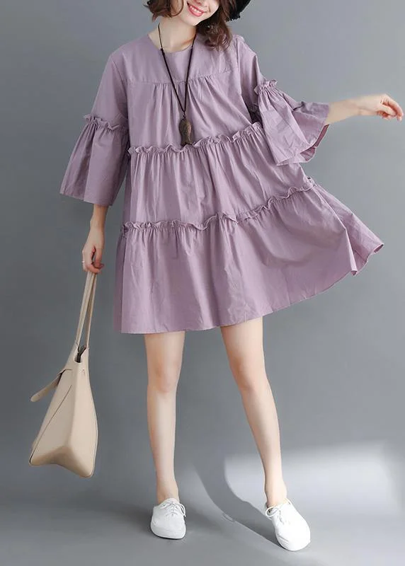 Women's Travel Outfit Set Modern o neck flare sleeve Cinched Cotton Women Photography purple Dress summer