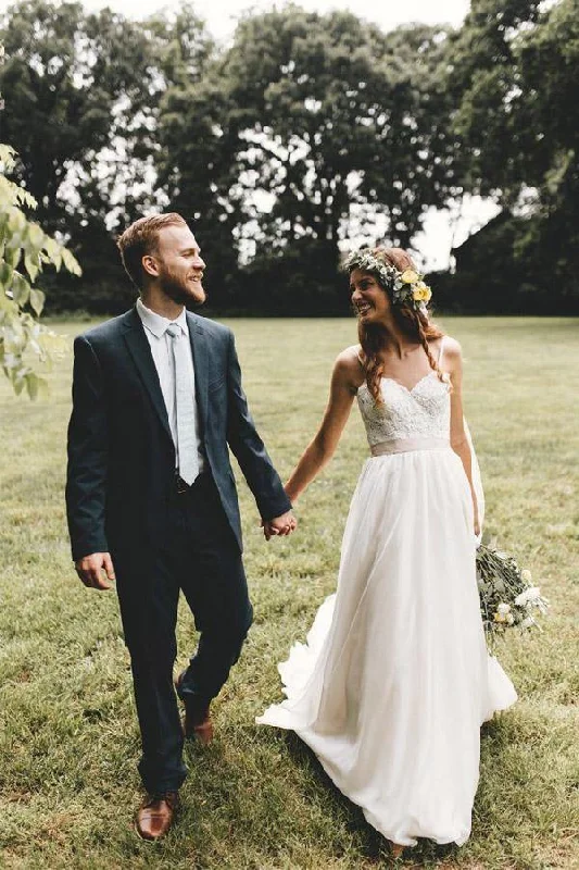 Chic Casual Style Spaghetti Straps A Line Tulle With Applique Court Wedding Dresses