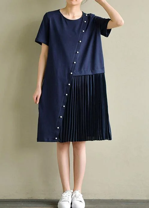 Women's Formal Event Outfit DIY o neck Cinched asymmetric Cotton Tunic Catwalk navy Dresses summer