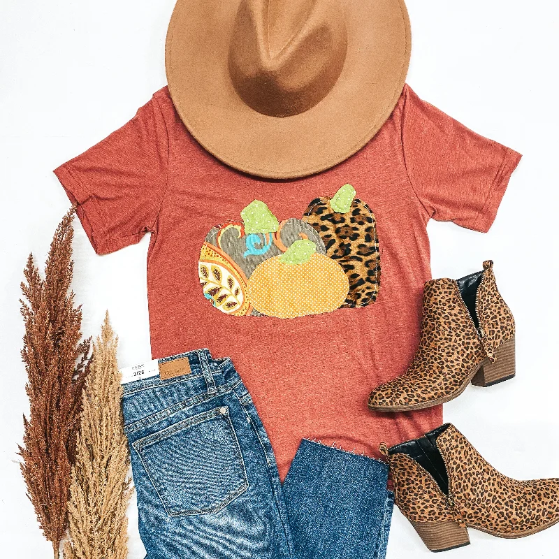 Fashion Forward Femininity Pumpkin Patch Short Sleeve Tee Shirt with Hand Sewn Pumpkins in Clay Fashion Forward Femininity Pumpkin Patch Short Sleeve Tee Shirt with Hand Sewn Pumpkins in Clay