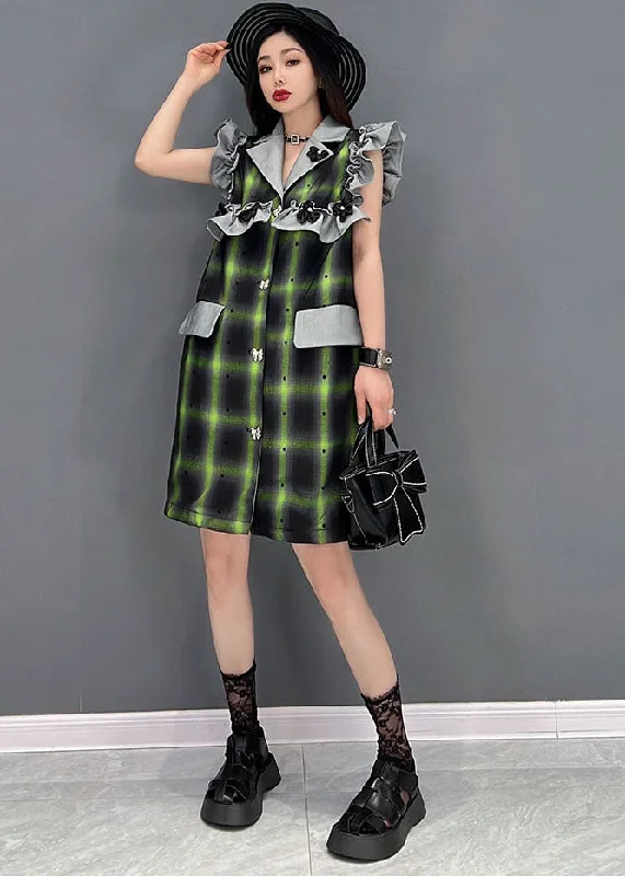 Women's Athletic Clothes French Green Notched Collar Patchwork Ruffles Plaid Vacation Dresses Sleeveless