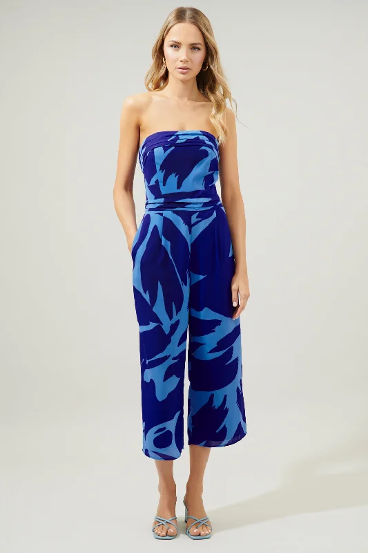 Women's Stylish Vacation Attire Big Wave Free Flow Strapless Pleated Cropped Jumpsuit