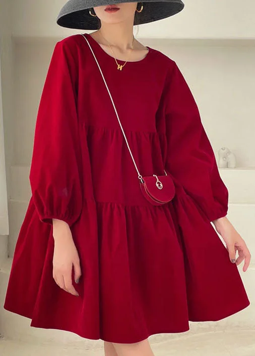 Fashionable Women's Clothing Red Patchwork Velour Mini Dress Puff Sleeve Spring