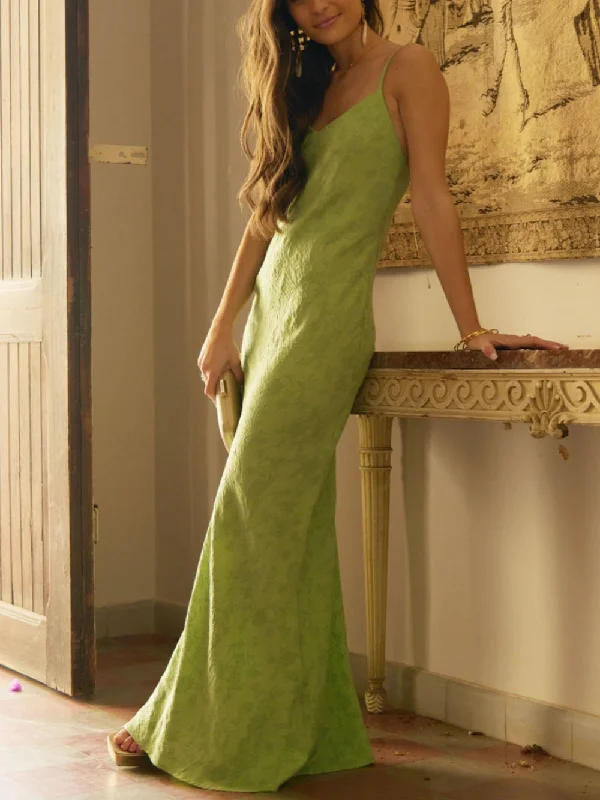 Women's Activewear Attire Elegant Lime Green Charming Jacquard V-Neck Maxi Dress