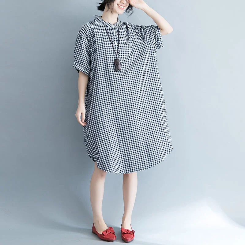 Elegant Women's Evening Garments baggy Plaid natural cotton dress trendy plus size cotton clothing dresses Elegant short sleeve Stand cotton clothing