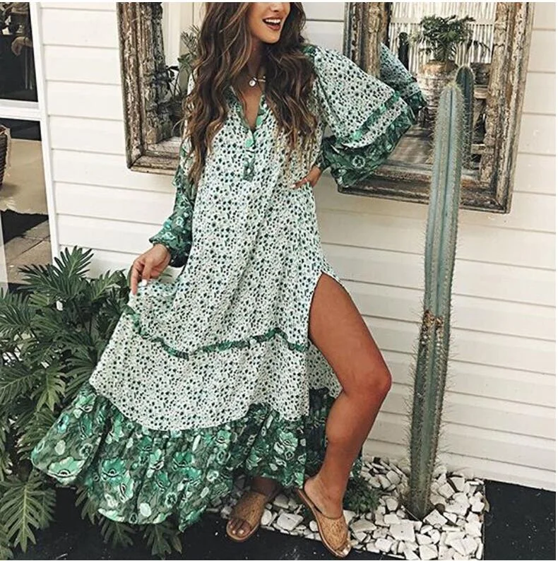 Women's Transitional Apparel Maxi Boho Floral Oregano  Dress, Bohemian Summer Dress for Women