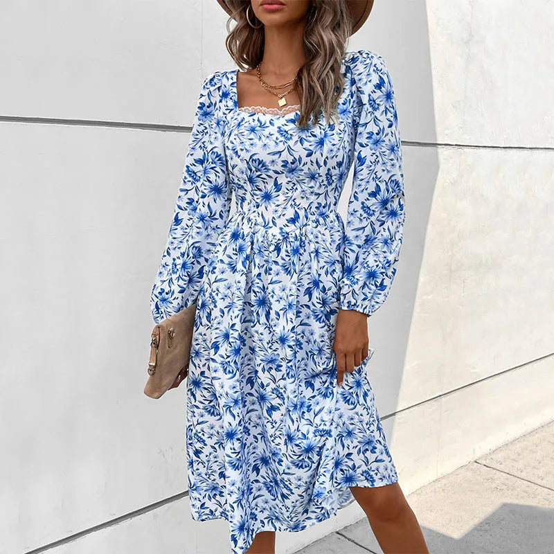 Women's Effortless Casual Outfit Elegant Fashion Women's Floral Print Lace Square Neck High Waist Slim Full Puff Sleeve A-line Midi Dress