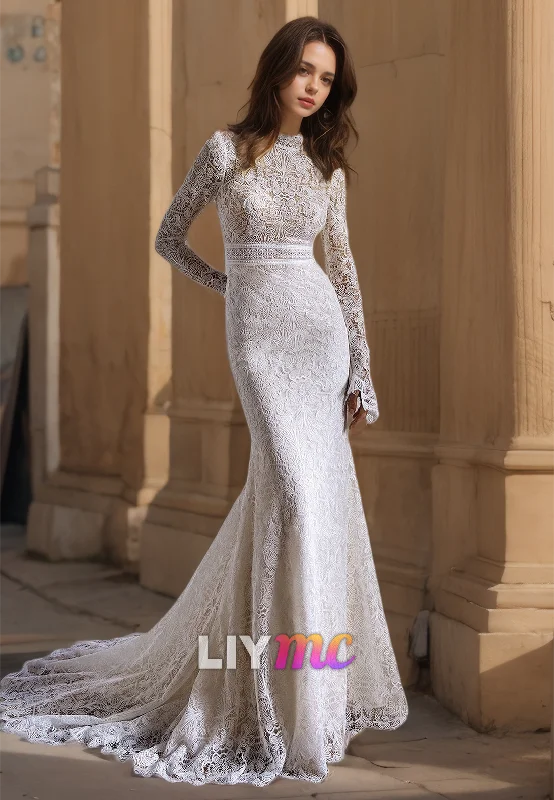 Women's Vintage Garments High Neck Long Sleeves Appliques Mermaid Wedding Dress