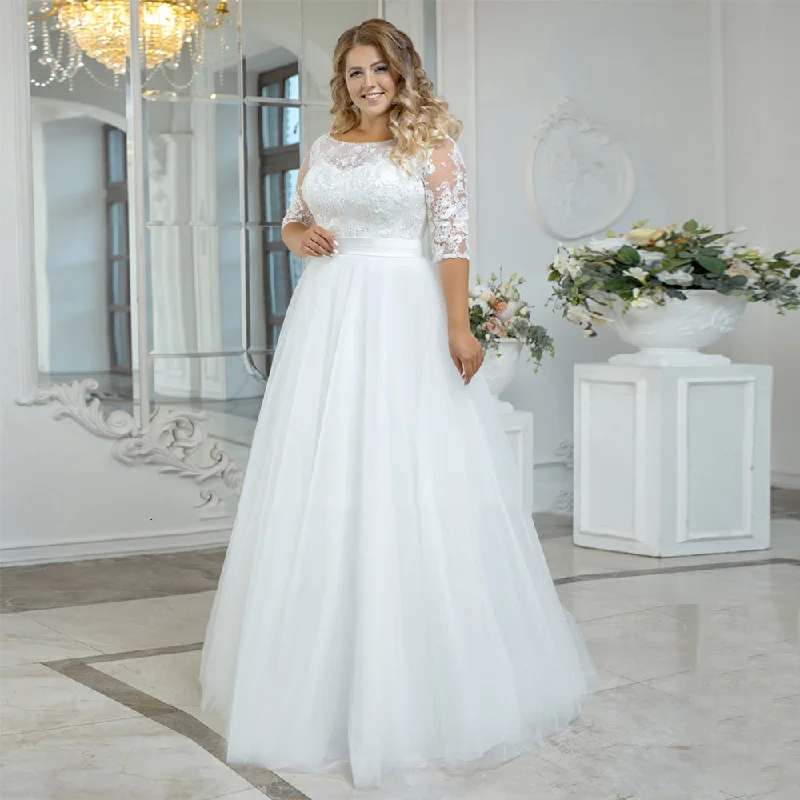 Timeless Women's Clothing Vintage Beach Wedding Dress Plus Size Boho Lace Applique Three Quarter Sleeves Tulle Bride Gown A-Line Floor Length