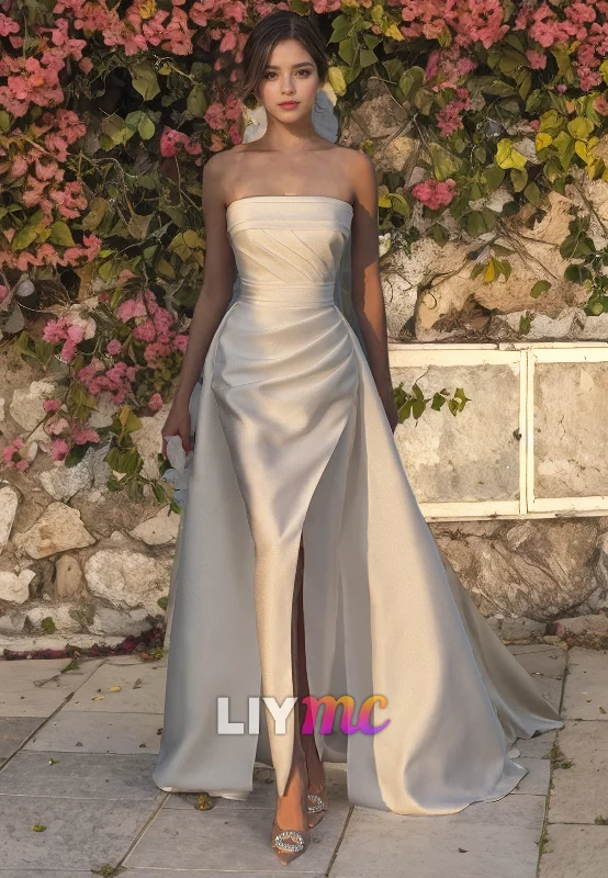 Affordable Fashion Clothing For Women Straight Across Sleeveless Ruched High Slit Beach Wedding Dress