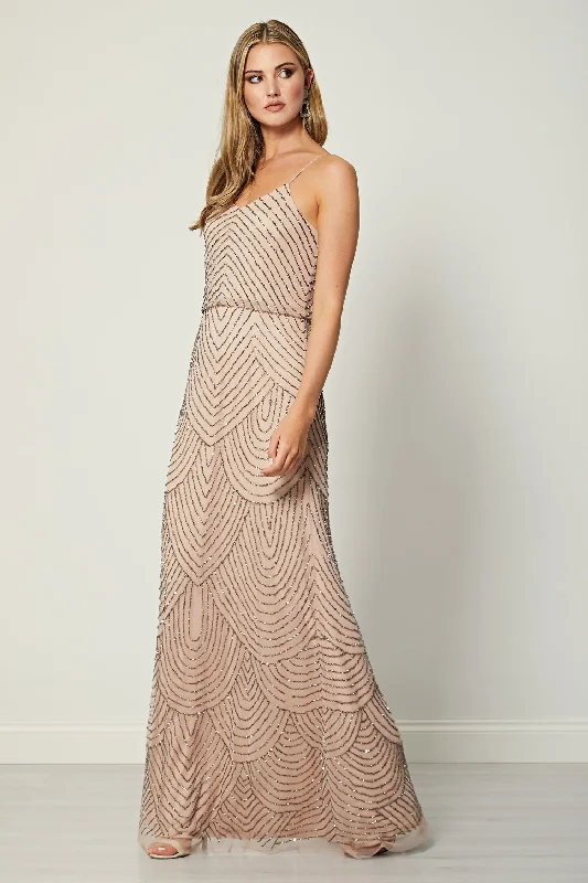 Women's Classic Attire Cami Sequin Stripe Embellished Maxi Dress in Cameo Rose